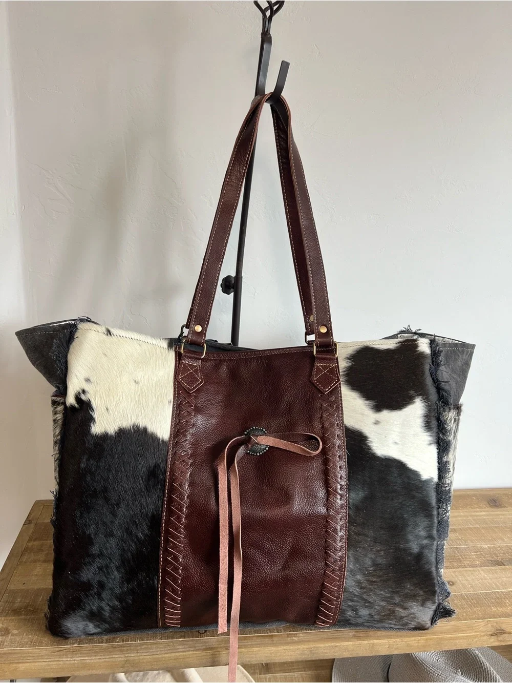 Myra Bag Cowhide Weekender Tote Overnight Leather Western Boho Shoulder Carry-on - Picture 7 of 13